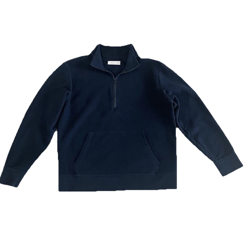 Everlane Sweater Mens Medium Navy 1/2 Zip Pullover Mock Neck Pocket Ribbed Tan